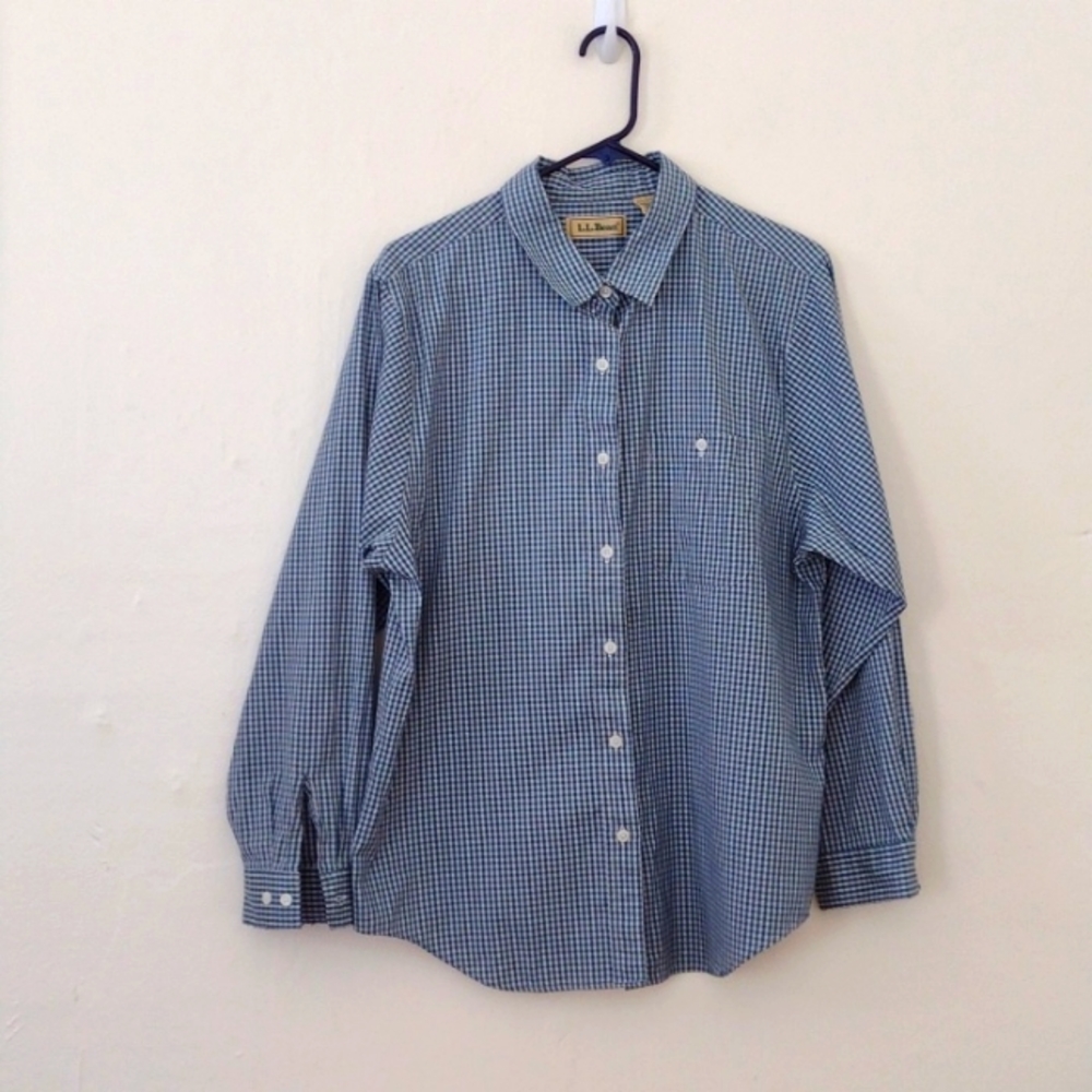 LL Bean Blue Plaid Button Down Long Sleeve Plus Size Shirt Size 16